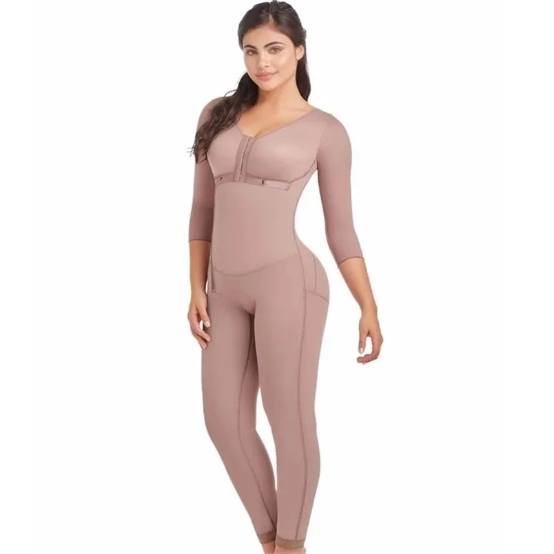 Fajas Colombianas Women Long Sleeves كامل الجسم الالتهاب الشبكي فقدان الملاذ post post postencuity bodysuit side shipper 220307