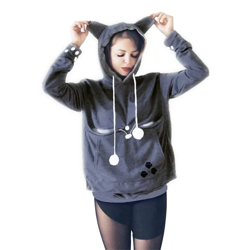 Plus -storlek kvinnors kawaii hoodie kangaroo katt hundpaket påsar pullovers djuröron ficka långärmad söt kvinnlig tröjor 201203
