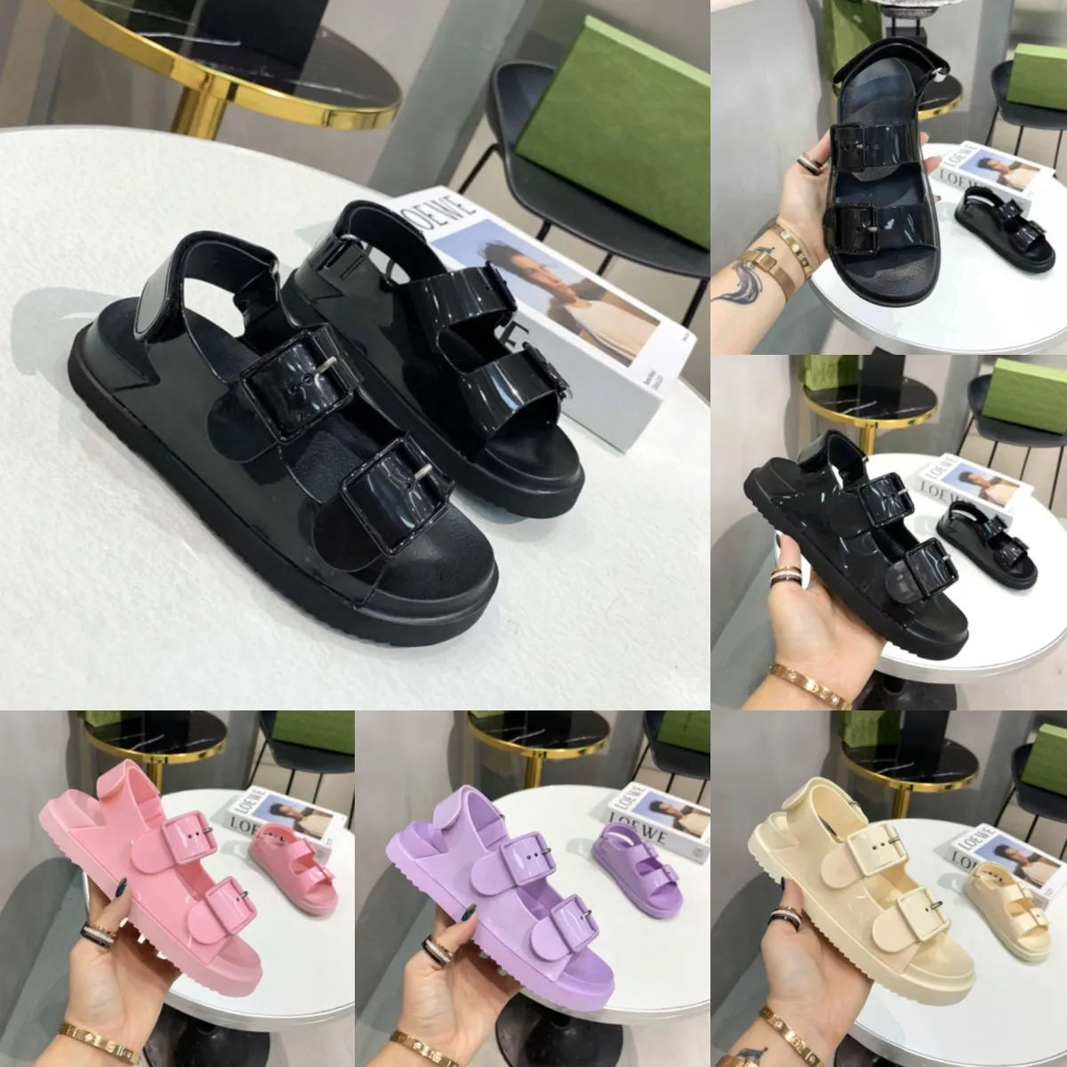 Designer Damesriemen Sandalen Slides Rubber Lakleer Het is een soort schoenen die naar believen met kleding kunnen worden gecombineerd. Vrouw Jelly Verstelbare gesp Schoenmaat 35-42