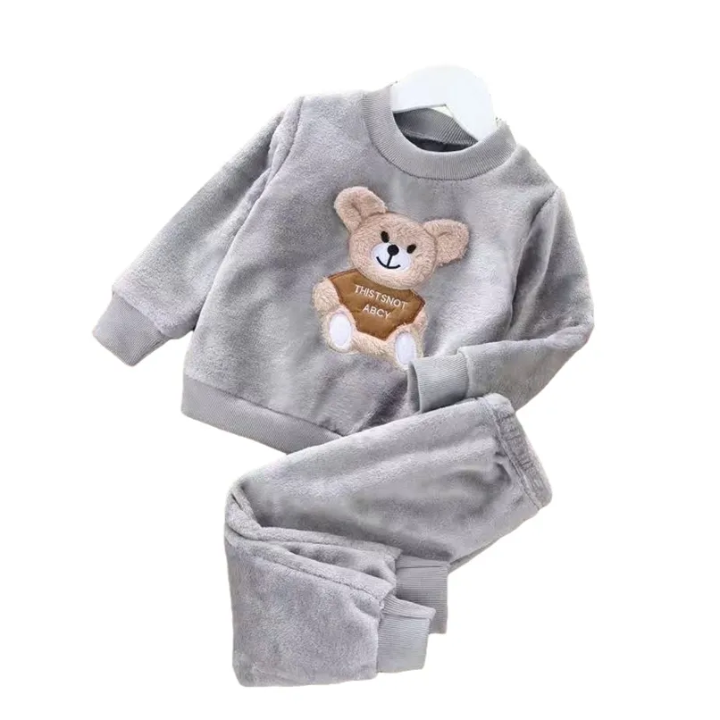 Autumn Winter Children's Clothing Cartoons Bear Baby Boy Girl Soft Jacket Top Long Pant Sets Thick Warm Flannel Fleece Kids Suit 211021