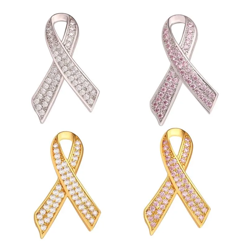 Pins, Broches N58F Pink Ribbon Broche Pins Zirconia Awareness Linten