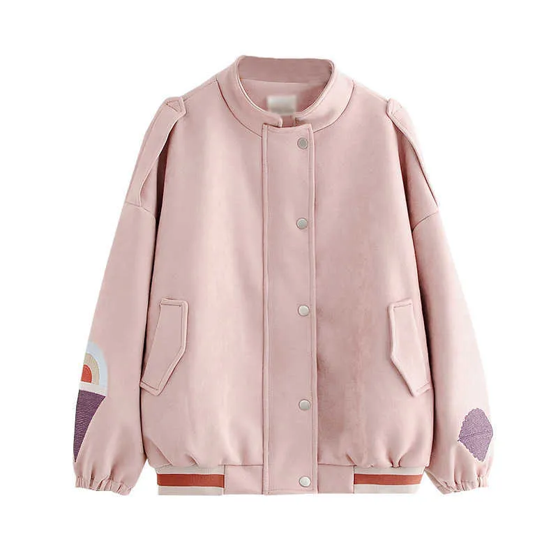 PERHAPS U Women Outwear Bomber Jacket Pocket Button Khaki Pink Embroidery Geometric Suede C0018 210529