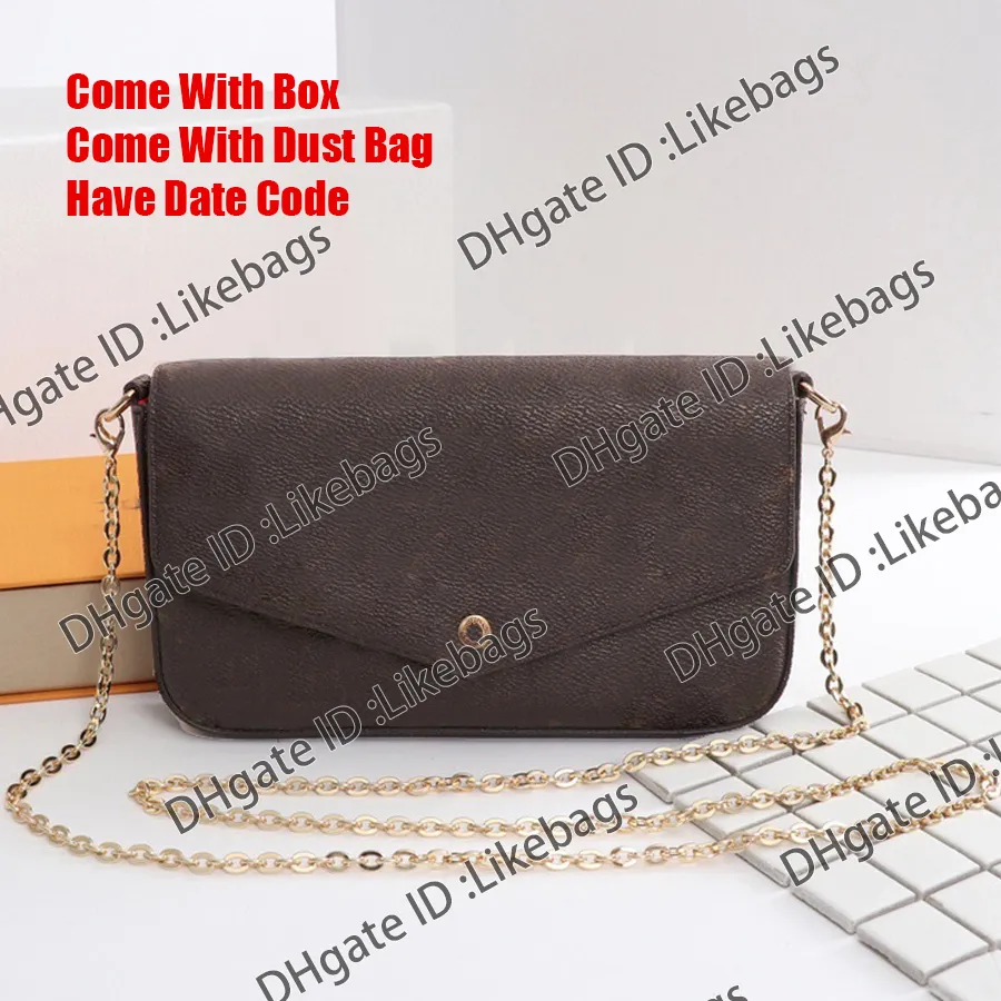 Damdesignerväska Pochette axelväskor handväska handväska crossbody messengerväskor 3st/set ORIGINAL BOX säck lyxig brun blomma clutch kedja myntpåse väska