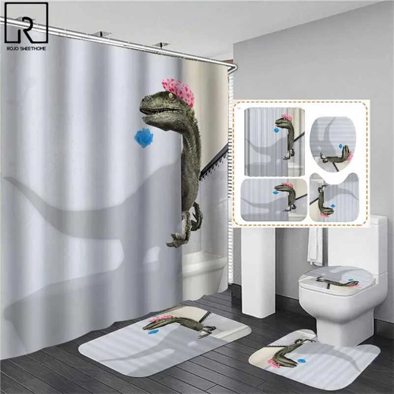 3D Dinozaur Prysznic Zasłony Wodoodporna Łazienka Zasłona Z Haczykami Anti-Slip Mat Set Soft Dywaniki WC WC Dywan Wystrój Domu 211116