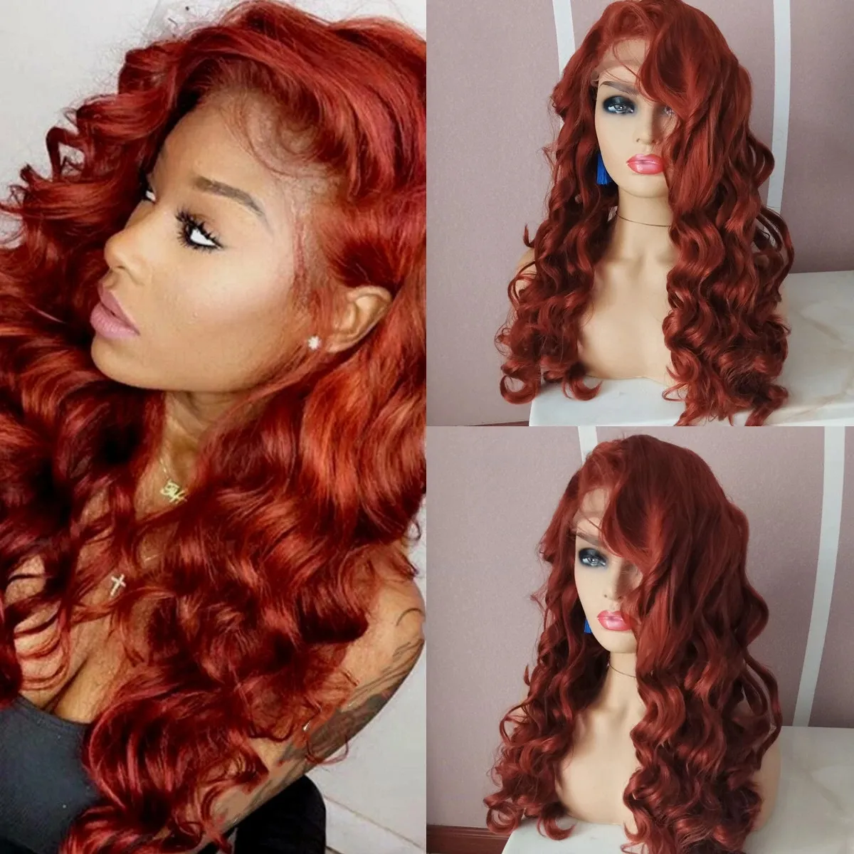 Длинные вьющиеся вьющиеся медные красные синтетические кружева передний парик Free часть высокотемпературных волокон волос глубокие волновые парики для женщин