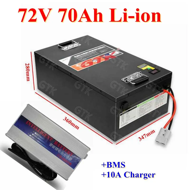 GTK högkapacitet 72v 70ah litiumjon Li-ion Batteripack BMS 20S för 72V 7kW 12kW Elecric Motorcycle Motorbike EV RV + 10A laddare