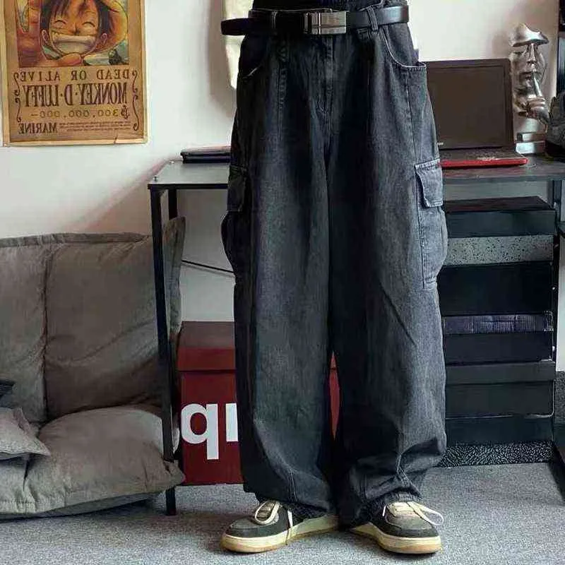 Houzhou Baggy Jeansのズボン男性デニムパンツブラックワイドレッグパンツメンズジーンズ緩いカジュアル韓国のストリートウェアヒップホップ原宿G0104