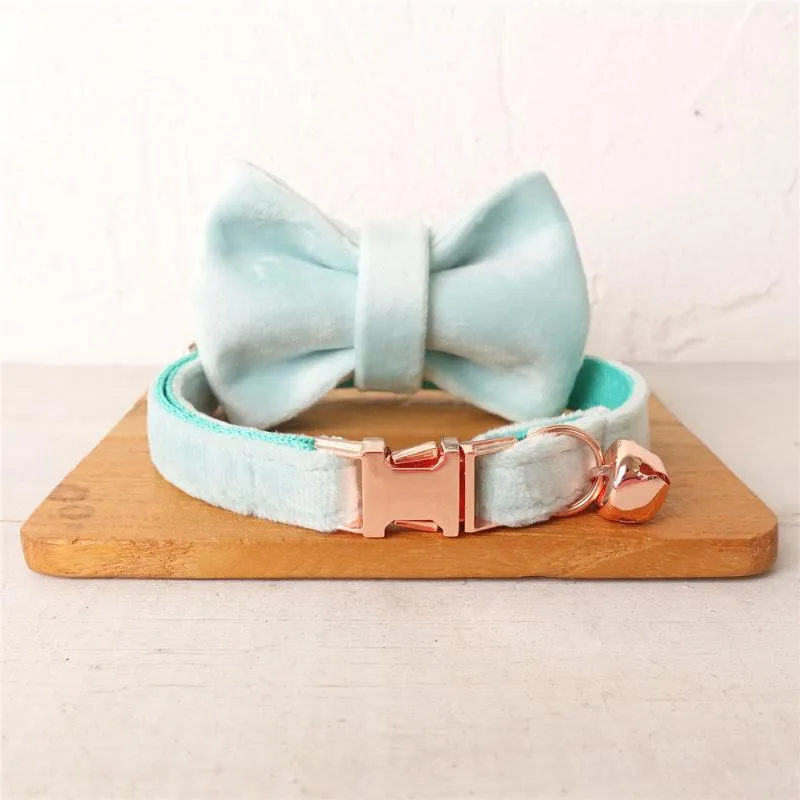 Kattkrafter leder personlig krage för mjuk sammet justerbar med Bell Bowtie Quick Release Rose Gold Metal Buckle Necklace