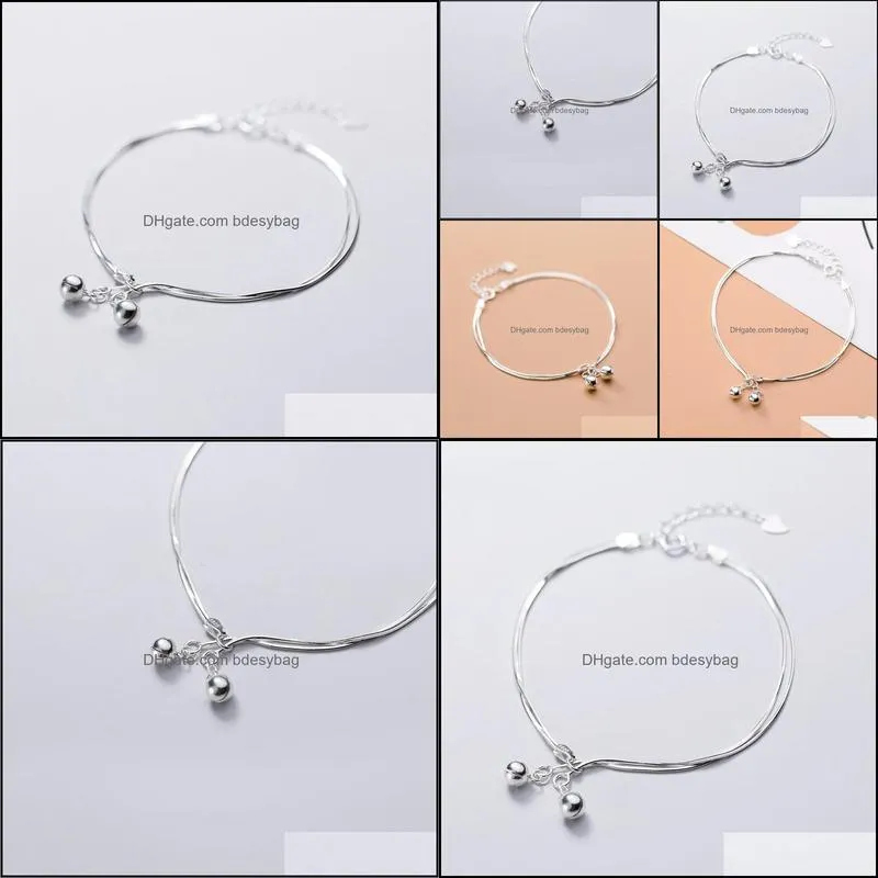 925 Sterling Silver Korean Simple Style Cute Bell Double Chain Bracelet for Women Lady Daughter Jewelry