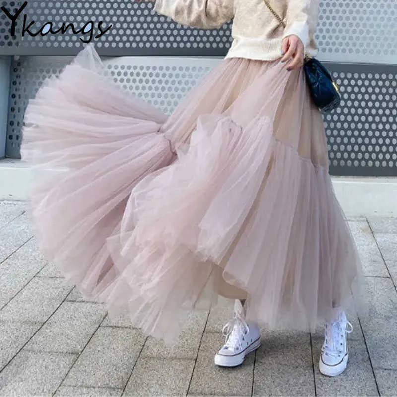 Vintage Fairy Tulle Kjol Kvinnor Elastisk Hög Midja Mesh Kjolar Lång Pläterad Tutu Skirt Koreansk Kvinna Jupe Longue Streetwear 210619