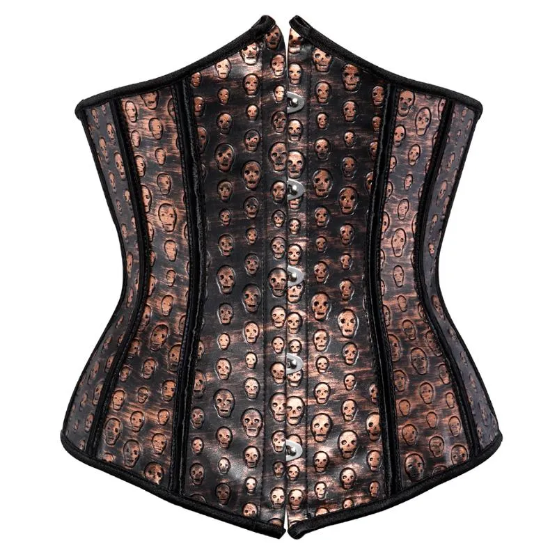 Bustiers & Corsets Gothic Faux Leather Corset Underbust Bustier Sexy Brown Overbust Steampunk With Skull Print Pirate Costume Basque