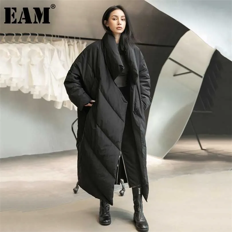 [EAM]ルーズフィットブラックロングダウンジャケットスタンドカラースリーブ暖かい女性パーカーファッション秋冬1DD1640 211011