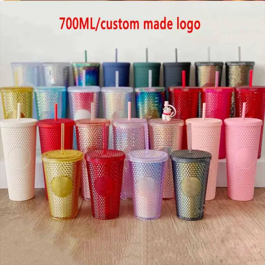 24oz Real Logo Personalized Iridescent Bling Rainbow Studded Cold Cup Tumbler coffee mug with straw