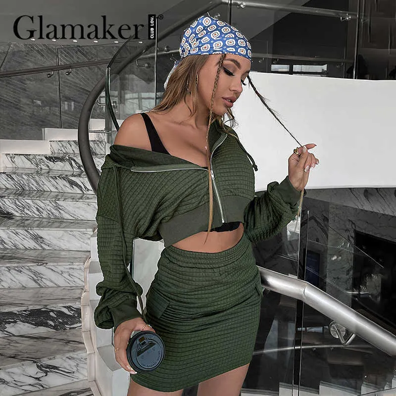 Glamaker Yeşil Rahat Kazak Hoodies Eşofman Kadın Ceket Kaban Ve Etekler Chic Takım Elbise Moda Sonbahar Sportwear Setleri 211119