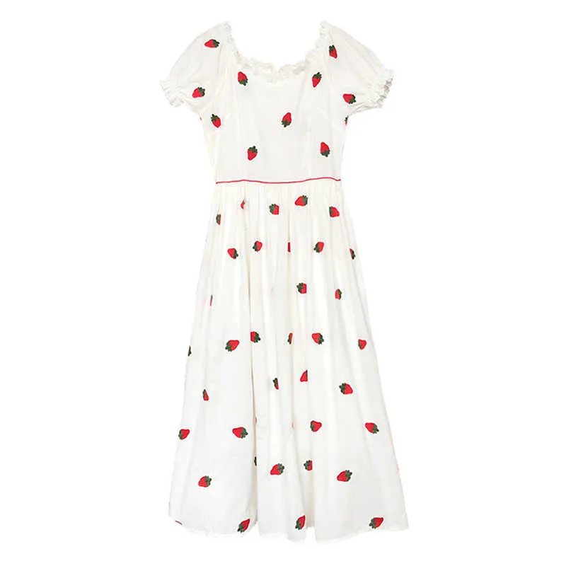 PERHAPS U White V-neck Strawberry Embroidery Puff Short Sleeve Empire Long Dress Empire Sweet Summer Beach Holiday D2433 210529