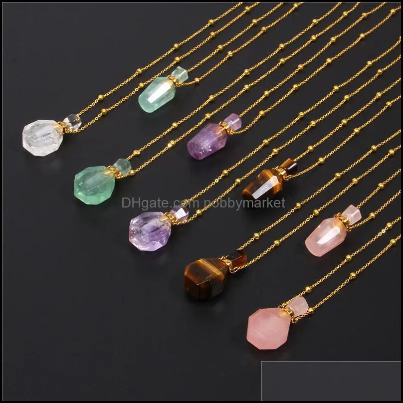 Natural Gems Stone Perfume Bottle Necklace  Oil Diffuser Pendant Tiger Eye Amethysts Bowling Shape Pendant Jewelry Gift