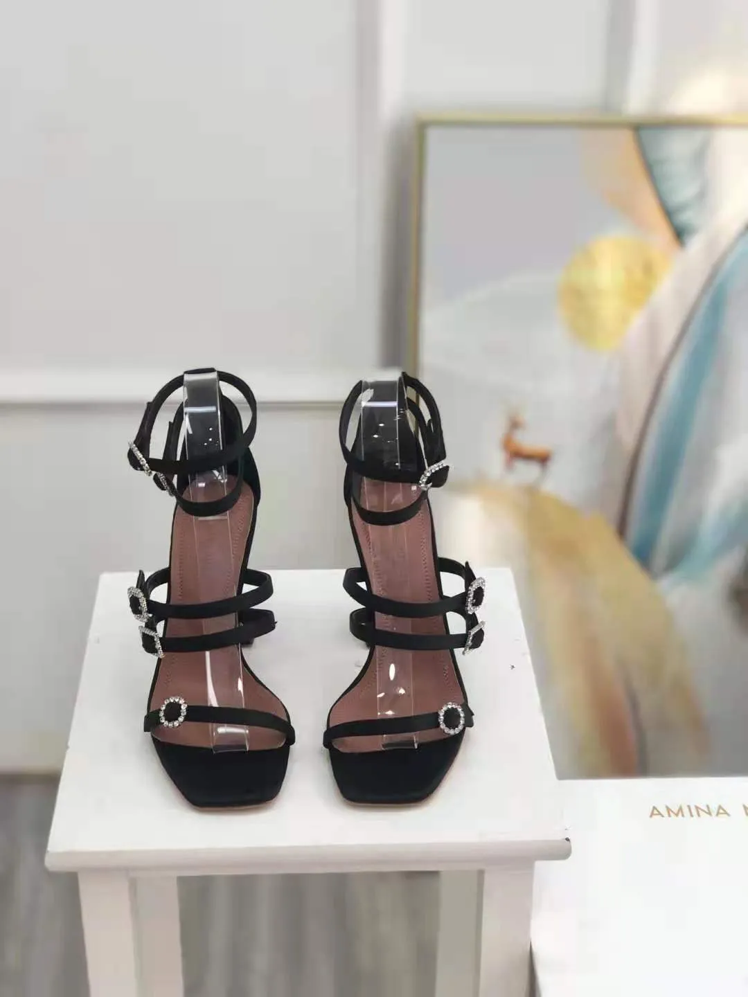 Original Box Amina Muaddi Robyn Sandals Crystal-embellished Fluted Heels Italy Crystal Buckles Shoes Black Perfect Quality