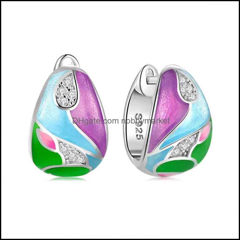 OGULEE Earrings For Women New 925 Sterling Silver Colorful Enamel with Cubic Zirconia Flower Earrings Luxury Jewelry Enamel 210323