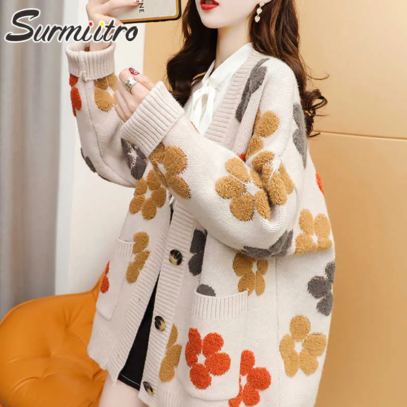 SURMIITRO Oversized Cardigan Women Autumn Winter Korean Floral Long Sleeve Sweater Female Knitted Jacket Coat Knitwear 210712