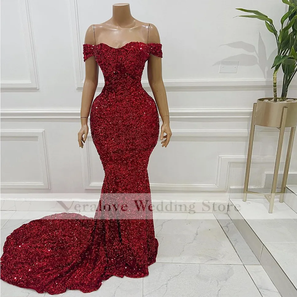 Röd Sequins Evening Dress 2021 Off Shoulder Sweep Train Mermaid Prom Dress for Women Party Night Gowns