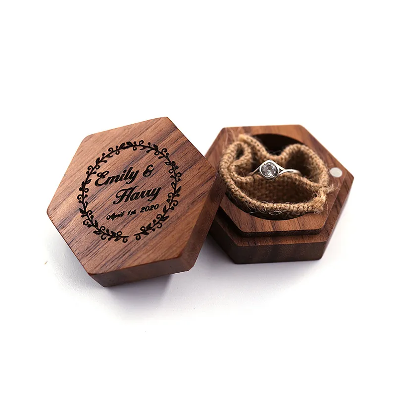 Черные ореховые деревянные кольцевые коробки Подарочная упаковка