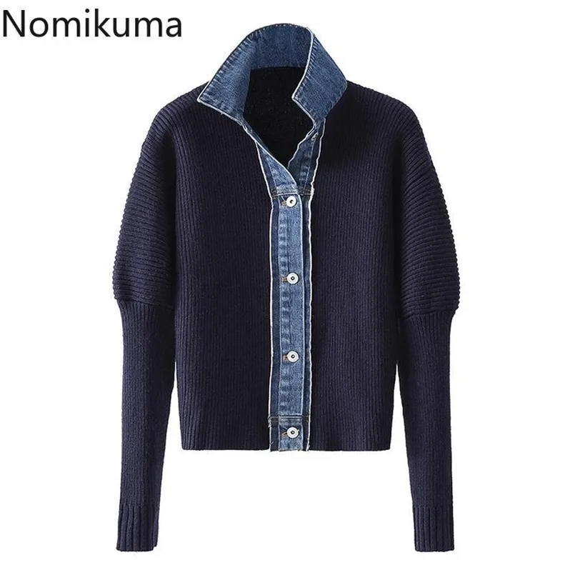 Nomikuma Cardigan Sweater Femmes Automne Winter Knitwear Coréen Demin Patchwork Manteau tricoté Veste à col rabattu 6D340 210914