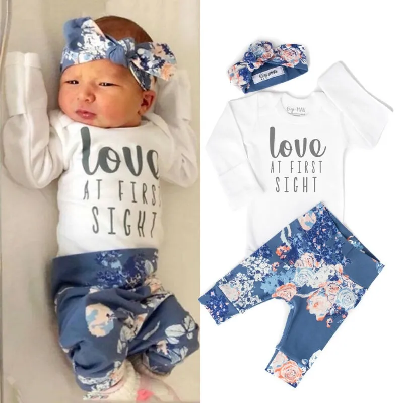 0-24M 3pcs Newborn Boys Clothes Black Sleeve Letter Baby Romper Floral Print Long Pants Girls Set Toddler Suit 210309