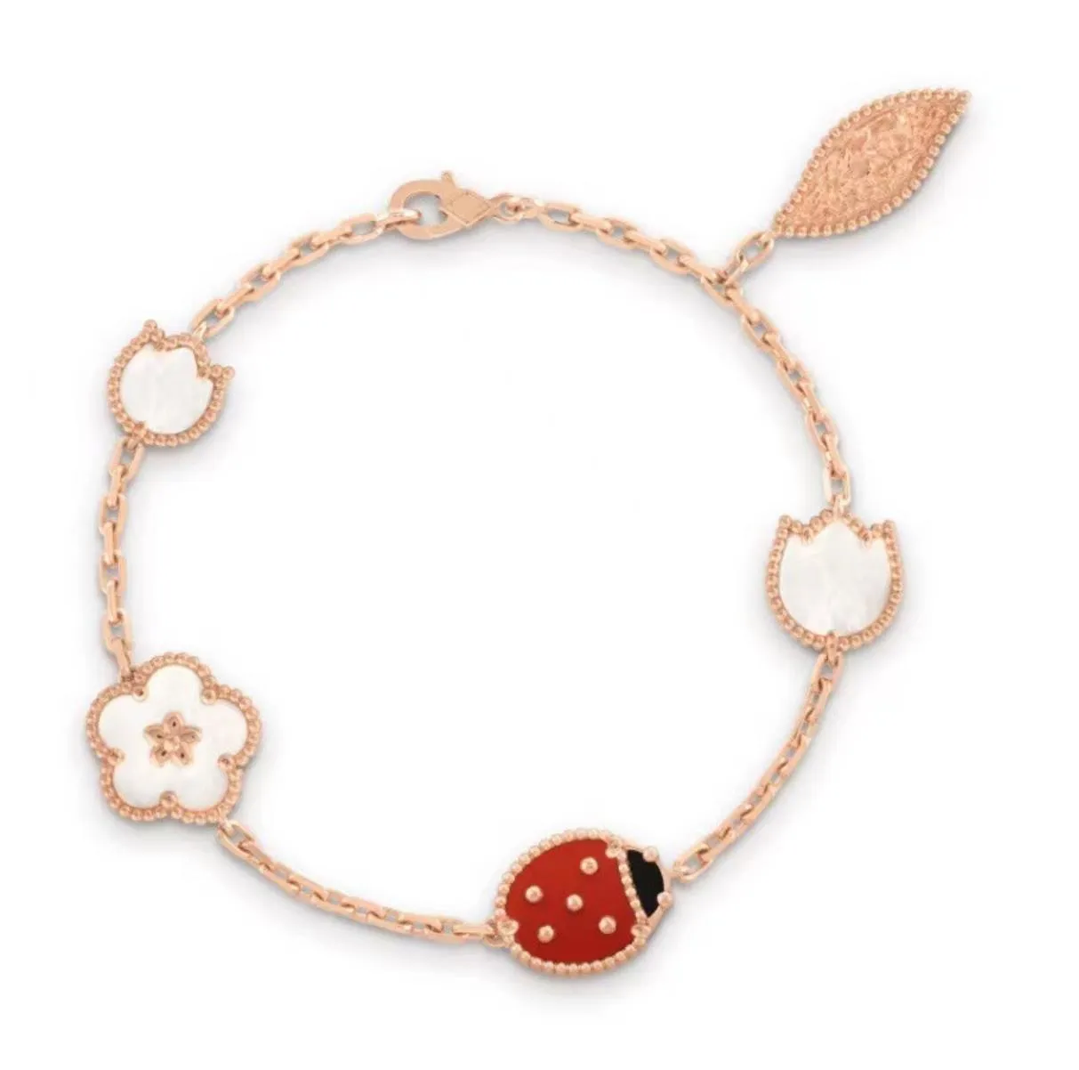 2021 Europe Luxury Top Quality Berömda Märke 925 Silver Smycken Rose Gold Färg Natural Gemstone Lucky Ladybug Spring Armband