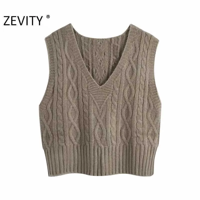 Zevity Women Fashion V Neck Solid Twist Knitting Sweater Female Sleeveless Casual Slim Vest Chic Leisure Pullovers Tops S454 210603