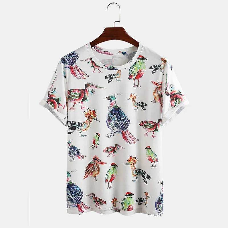 Tryckt kortärmad T-shirt Fun Cartoon Bird Printed Round Neck Casual T-shirts Fashion Owl Tshirt för Mens Tee 210527