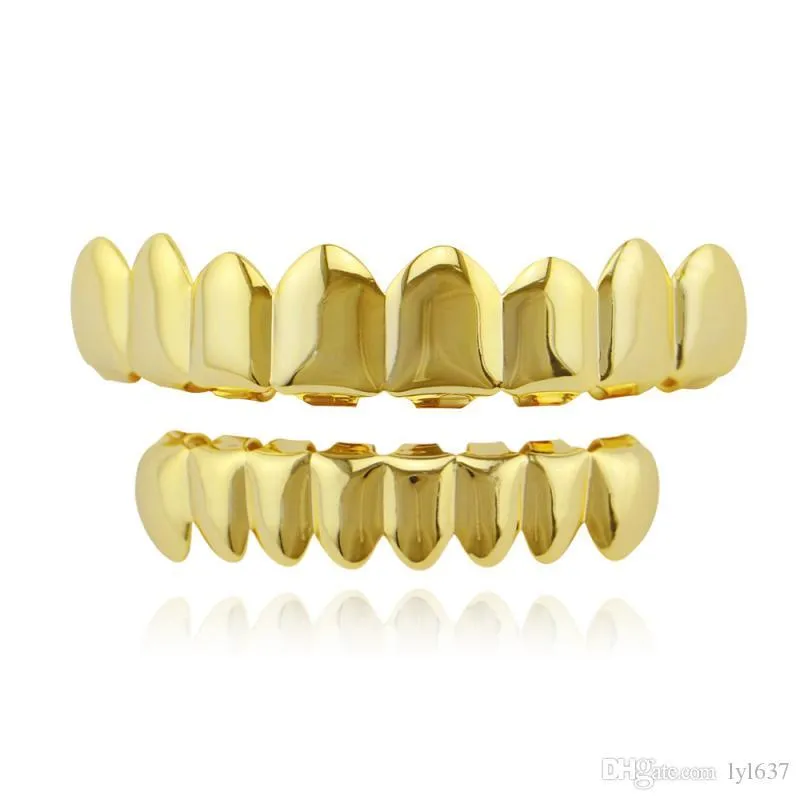 Hip Hop Glossy Copper Dental Grills Eight Teeth Gold-plated Long Braces Punk Women Men Party Jewelry Grills Set Wholesale 