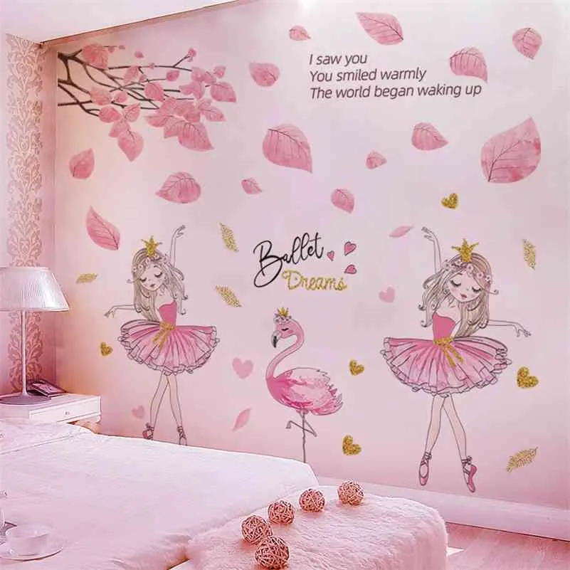 Pink Tree Leaves Wall Stickers DIY Ballet Girl Flamingo Wall Decals for Kids Bedroom Baby Rooms Kitchen Nursery Home Decoration 210705