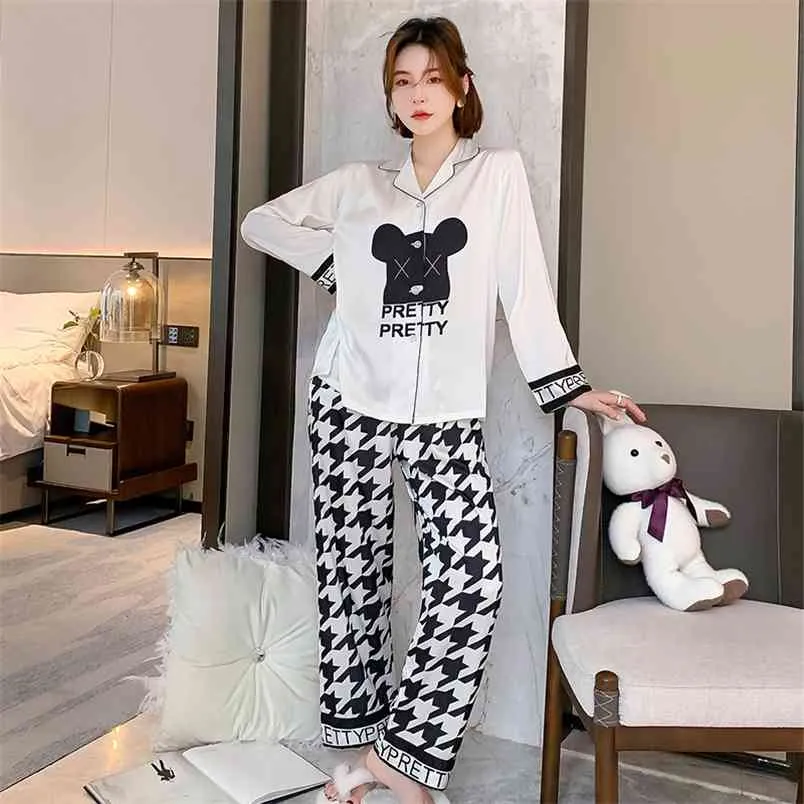 Bahar kadın Pijama Set Serin Moda Lüks Stil Houndstooth Pijama Nightie Ipek Boş Zaman Ev Giysileri Gecelikler 210901