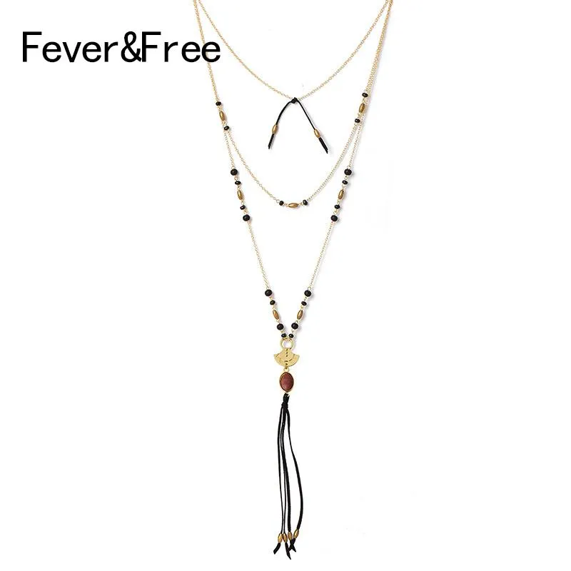 Colares de pingente Feverfree Boho Gold Chain de vidro grânulos franja borla colar para mulheres multicamadas colar bohemia jóias presente atacado