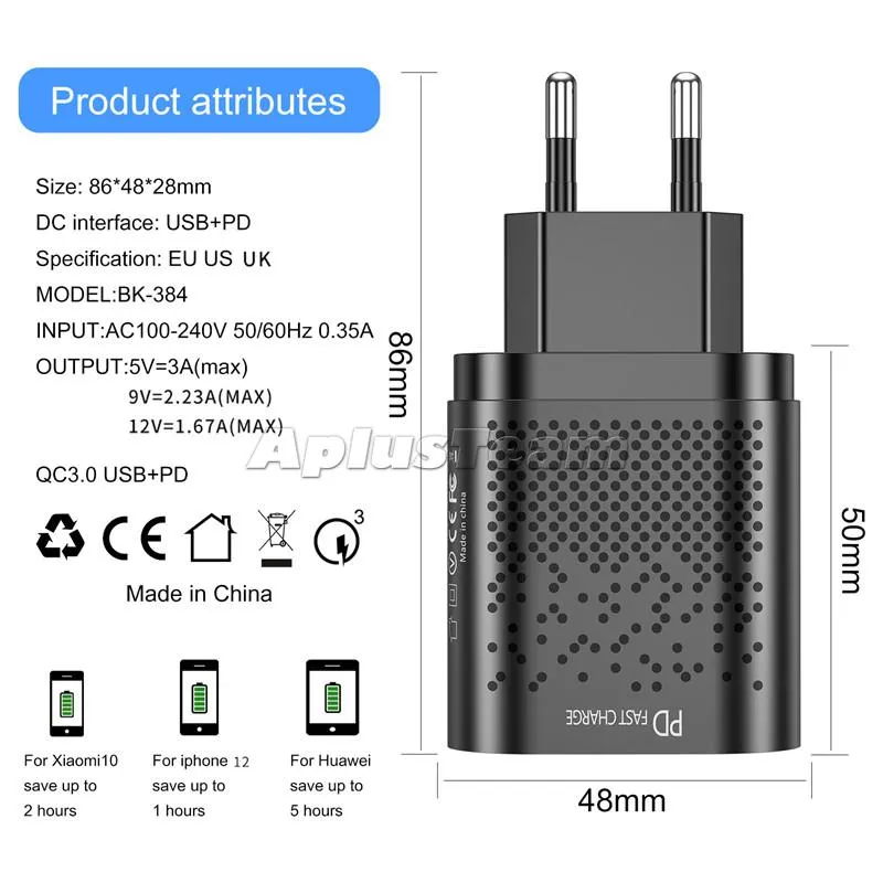 سريع QC3.0 PD شاحن 20W TYPE C USB شحن سريع محول المنافذ المزدوجة شواحن جدار الهاتف لفون 12 13 Samsung Xiaomi Huawei