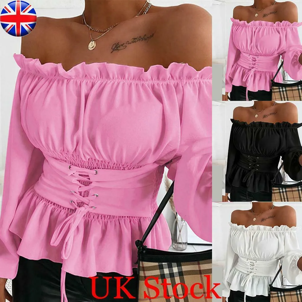 Kobiety Jesień Solidna Off Bluzka Ramię Koszula Sexy Slash Neck Z Długim Rękawem Lace Up Corset Bluouses Spadek Blusas Mujer de Moda