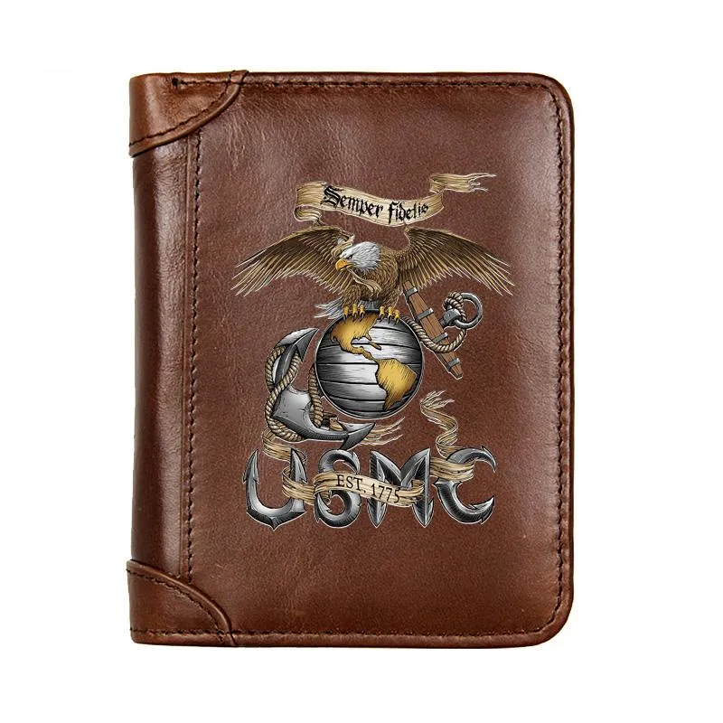 Plånböcker Lyxiga äkta läder plånbok Män United States Marine Corps Semper Fidelis Pocket Slim Card Holder Man Kort Purses Presenter