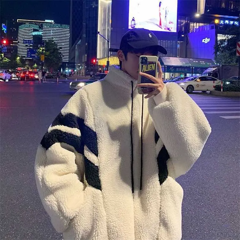 Krótka wyściełana kurtka dla mężczyzn kobiet koreański luźny gruby jagnięcina szwy wełna pikowana płaszcz miłośnicy zimowych wysokiej ulicy varsity 211217