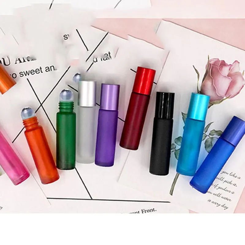 10ml Perfume Frosted Glass Bottles Mini Rose  Oil Lip Oils Bottle Reusable Metal Roller Ball Perfumes Storage Container BH5284 WLY