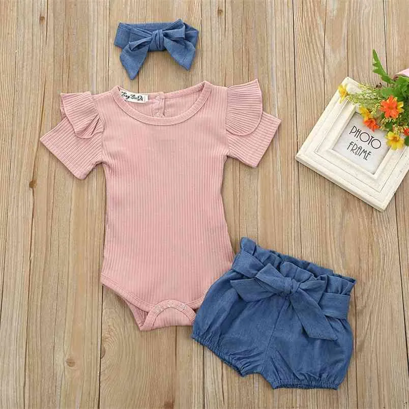 Urodzony Baby Girl Ubrania Zestaw Moda Denim Spodenki Pałąk Solid Color Romper Z Krótkim Rękawem 3 SZTUK Letnie Odzież Niemowląt Stroje 210816