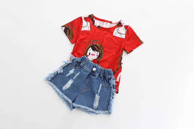 Girls Clothing Set O-neck Sleeveless Summer 2-10 Years Kids Girl Red Cartoon T Shirt+Denim Jeans Shorts 2 Pcs Suit Set (10)