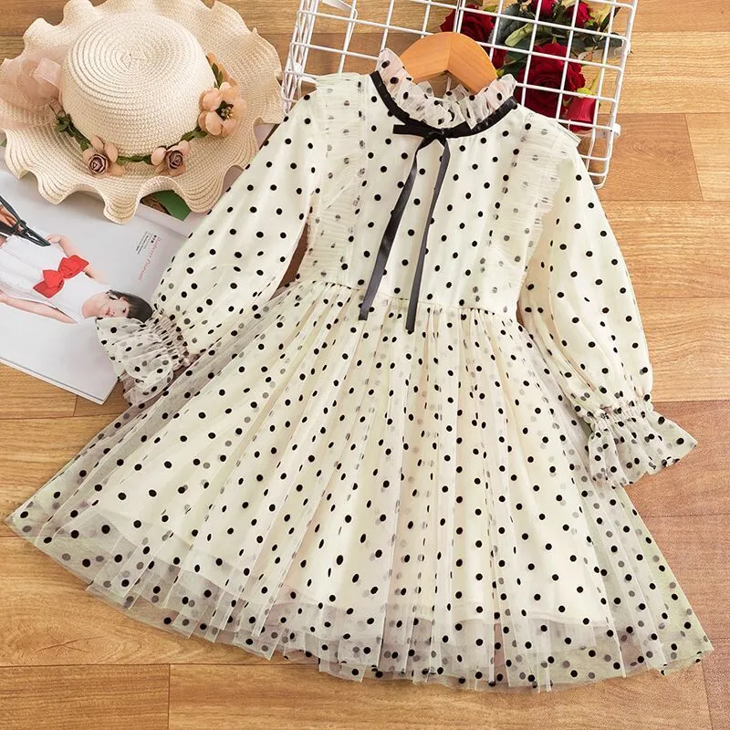 Polka Dot Kleid Kind Mädchen Langarm Rüschen Kleid Blumenmädchen Outfits Baby Mädchen Kausal AutumnWinter Kostüm Kinder Kleidung Q0716