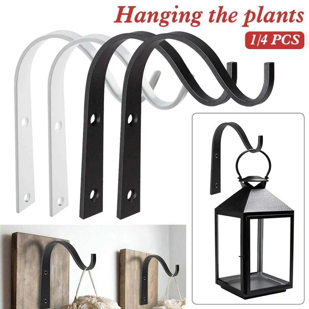 4pcs Iron Garden Wall Light Hanging Flower Plant Hanger Pot Bracket Hook Shelf Stand Holder Black White 210615