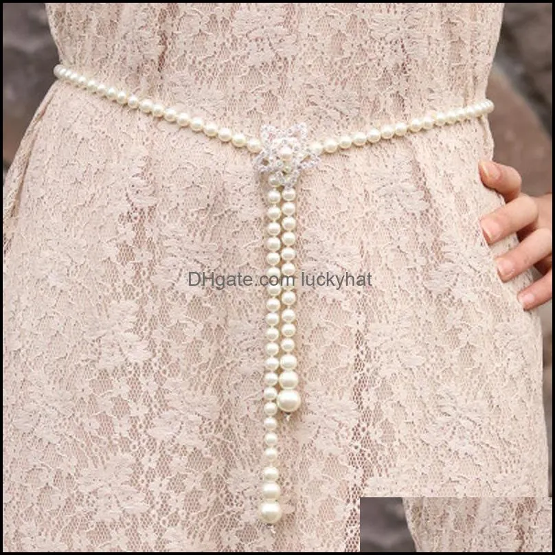 Sweet Simple Pearl Waist Chain Belts Sweater Fur Long Tassel Women Party Jewelry Dress Belt Women`s Slim