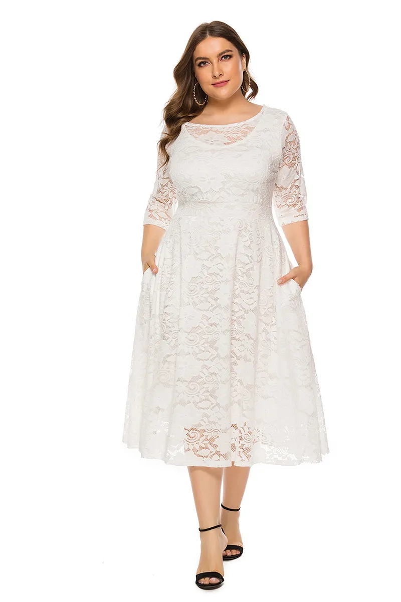 Mulheres Plus Size Noite Vestidos Lace A-Line Imprimir Floral Hollow Out Lady Vestidos Meia Manga Midi Vestido