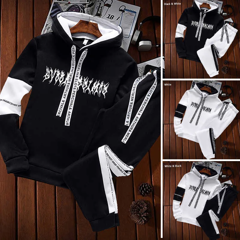 Moda erkek eşofman koşu takım elbise spor setleri hoodies + sweatpants iki parçalı kıyafetler rahat erkek kazak tişörtü 211006