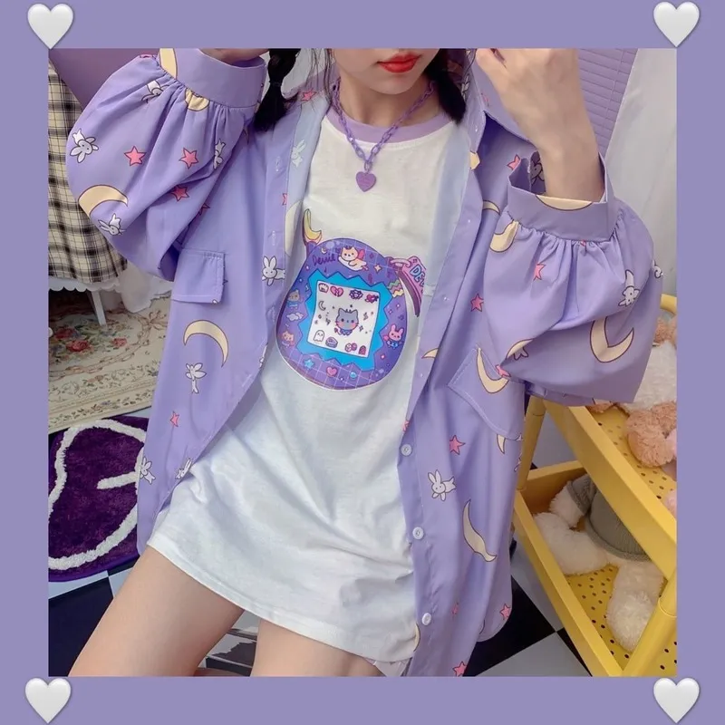 Deeptown Koreanischen Stil Frauen Shirts Kawaii Herbst Mode JK Bluse Frauen Langarm Nette Lose Button Up Hemd Übergroßen Tops