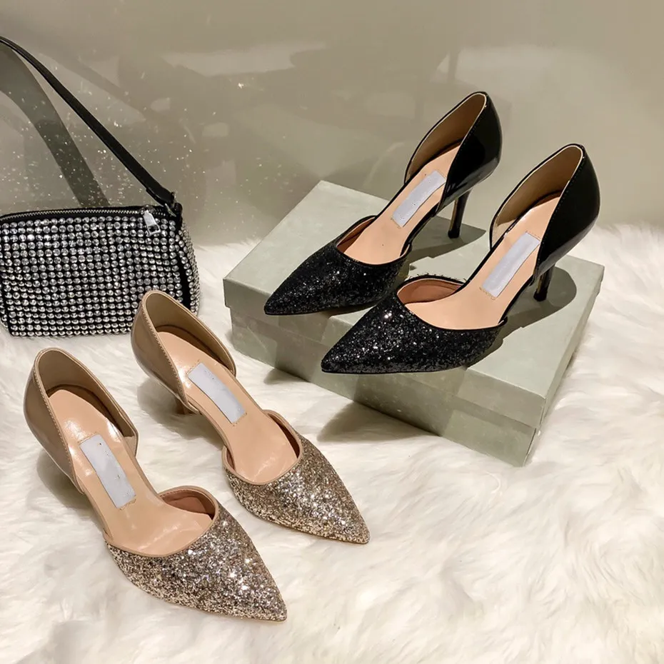 2021 high quality Designer Party Wedding Shoes Bride Women Ladies Sandals Fashion Sexy Dress Pointed Toe Heels Leather Glitter Size 35-40