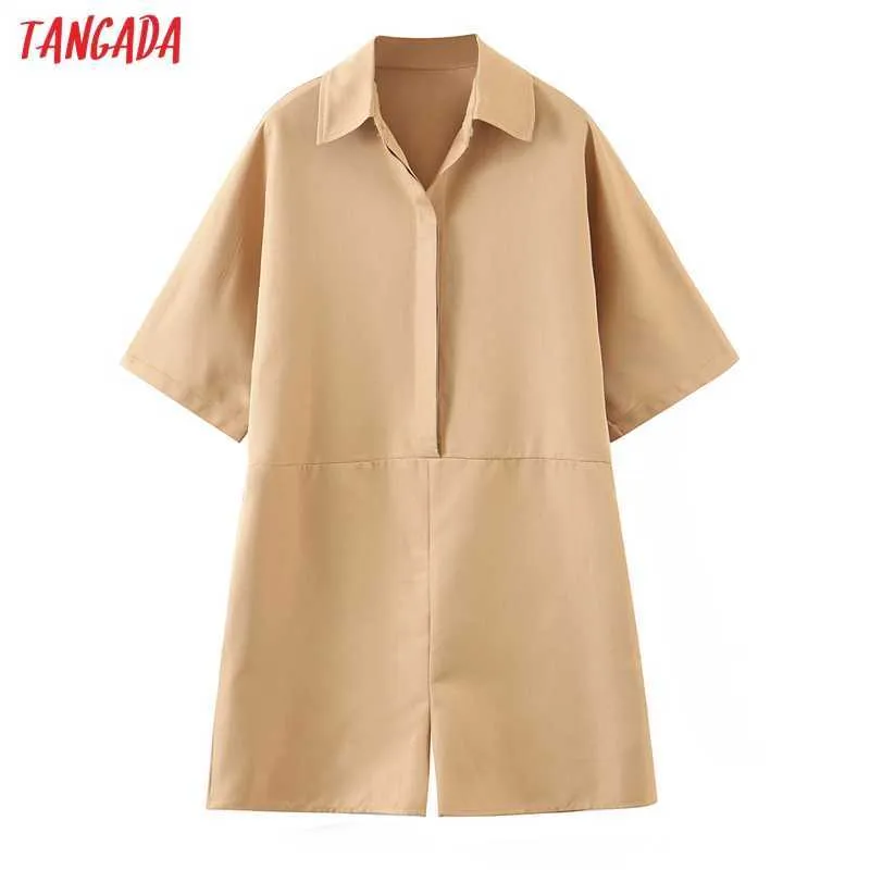 Tangada Kobiety Vintage Khaki Koszula Pajacyki Z Krótkim Rękawem Luźne Kombinezony Damskie Casual Chic Paresits 1M18 210609