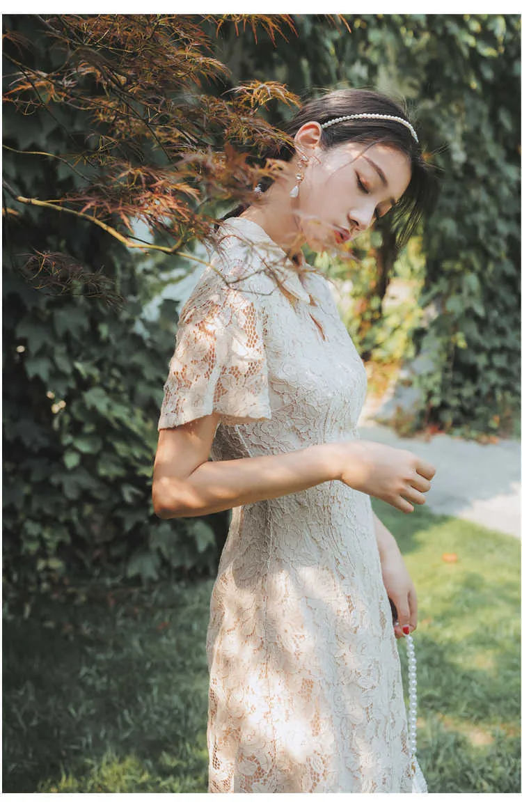 knee length dresses for ladies 21SIX Avery Floral Lace Cut Out Dress in Beige